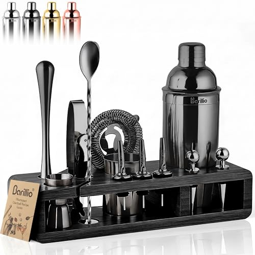 Barillio Black Bartender Kit, Stainless-Steel Cocktail Shaker Set w/Black Bamboo Stand, Mixology Bar Tools w/Drink