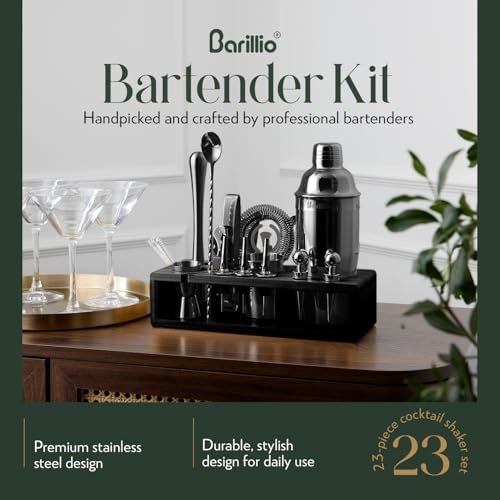 Barillio Black Bartender Kit - Stainless-Steel Cocktail Shaker Set w/Black Bamboo Stand - Mixology Bar Tools w/Drink Shaker, Mixer and Muddler for Cocktails - Home Bar Accessories - 23-Pc Bar Set - My Kitchen Products