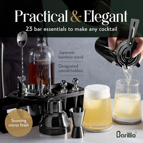 Barillio Black Bartender Kit - Stainless-Steel Cocktail Shaker Set w/Black Bamboo Stand - Mixology Bar Tools w/Drink Shaker, Mixer and Muddler for Cocktails - Home Bar Accessories - 23-Pc Bar Set - My Kitchen Products