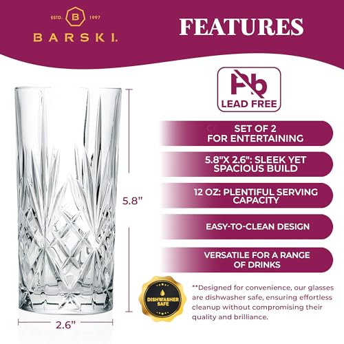 Barski Highball Glass - Drinking Glasses - Set of 2 - Hiball Tumblers - Glass Crystal Tumbler - for Water, Juice, Beer, Mixed Cocktails, Mojito Glass, Tom Collins Bar Glassware, 12 oz, Made in Europe - My Kitchen Products