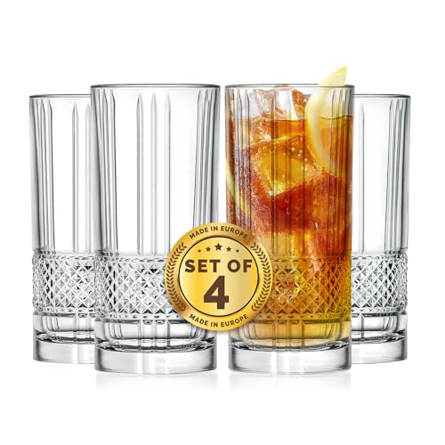Barski Highball Glass - Drinking Glasses - Set of 4 - Hiball Tumblers - Glass Crystal Tumbler - for Water, Juice, Beer, Mixed Cocktails, Mojito Glass, Tom Collins Bar Glassware, 13 oz, Made in Europe - My Kitchen Products