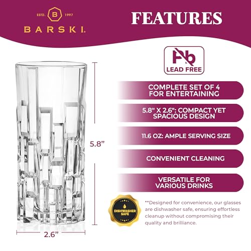 Barski Highball Glass - Drinking Glasses - Set of 4 Hiball Tumblers - Glass Crystal Tumbler - for Water, Juice, Beer, Mixed Cocktails, Mojito Glass, Tom Collins Bar Glassware, 11.6 oz, Made in Europe - My Kitchen Products