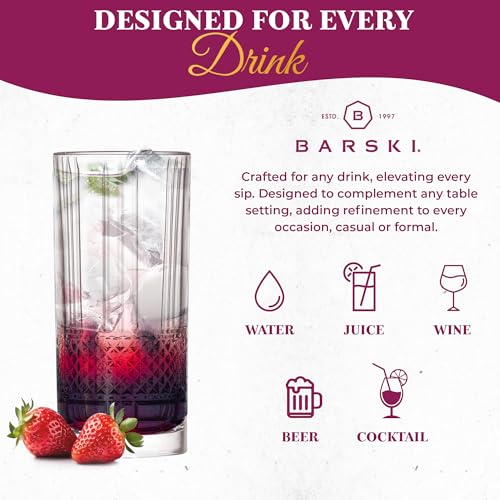 Barski Highball Glass - Drinking Glasses - Set of 4 - Hiball Tumblers - Glass Crystal Tumbler - for Water, Juice, Beer, Mixed Cocktails, Mojito Glass, Tom Collins Bar Glassware, 13 oz, Made in Europe - My Kitchen Products