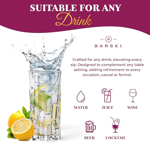 Barski Highball Glass - Drinking Glasses - Set of 4 Hiball Tumblers - Glass Crystal Tumbler - for Water, Juice, Beer, Mixed Cocktails, Mojito Glass, Tom Collins Bar Glassware, 11.6 oz, Made in Europe - My Kitchen Products