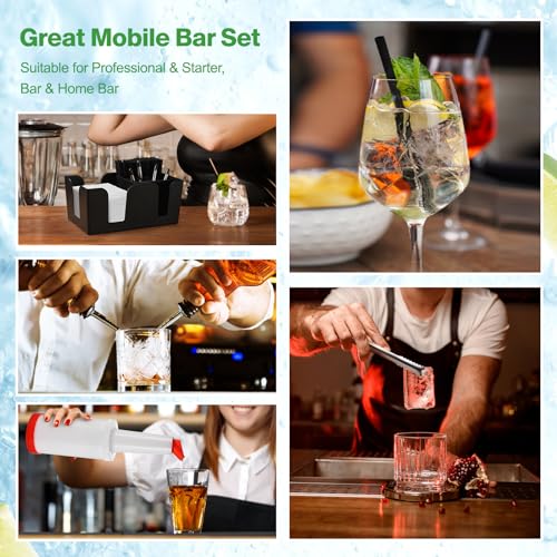 Bartending Supplies - 18" x 12" Bar Mat Garnish Tray with Lid Bar Caddy 3 Tier Bar Glass Rimmer, 2 Plastic Juice Pour Bottles 3 Mini Tongs 12 Classic Liquor Bottle Pourers 500 Cocktail Straws(Black) - My Kitchen Products