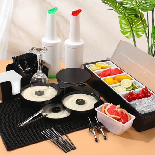 Bartending Supplies - 18" x 12" Bar Mat Garnish Tray with Lid Bar Caddy 3 Tier Bar Glass Rimmer, 2 Plastic Juice Pour Bottles 3 Mini Tongs 12 Classic Liquor Bottle Pourers 500 Cocktail Straws(Black) - My Kitchen Products