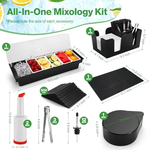Bartending Supplies - 18" x 12" Bar Mat Garnish Tray with Lid Bar Caddy 3 Tier Bar Glass Rimmer, 2 Plastic Juice Pour Bottles 3 Mini Tongs 12 Classic Liquor Bottle Pourers 500 Cocktail Straws(Black) - My Kitchen Products