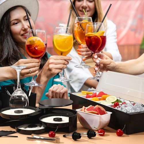 Bartending Supplies - 18" x 12" Bar Mat Garnish Tray with Lid Bar Caddy 3 Tier Bar Glass Rimmer, 2 Plastic Juice Pour Bottles 3 Mini Tongs 12 Classic Liquor Bottle Pourers 500 Cocktail Straws(Black) - My Kitchen Products
