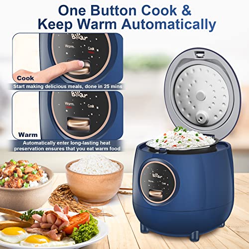 Bear Mini Rice Cooker 2 Cups Uncooked, 1.2L Portable Non-Stick Small Travel Rice Cooker, BPA Free, One Button to Cook and Keep Warm Function, Blue - My Kitchen Products