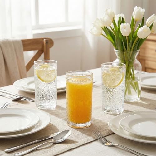 Bekith 6 Pack Romantic Drinking Glasses, 12 oz Highball Glasses, Thick Water Glasses, Tall Glass Cups for Beverages, Beer, Cocktail, Vintage Glassware Set for Dinner Parties, Bars, Restaurants - My Kitchen Products