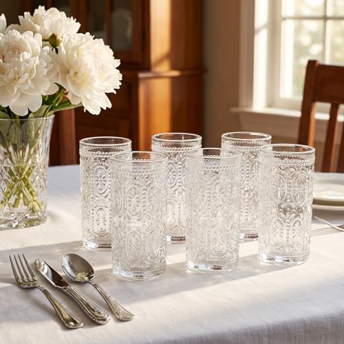 Bekith 6 Pack Romantic Drinking Glasses, 12 oz Highball Glasses, Thick Water Glasses, Tall Glass Cups for Beverages, Beer, Cocktail, Vintage Glassware Set for Dinner Parties, Bars, Restaurants - My Kitchen Products