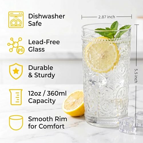 Bekith 6 Pack Romantic Drinking Glasses, 12 oz Highball Glasses, Thick Water Glasses, Tall Glass Cups for Beverages, Beer, Cocktail, Vintage Glassware Set for Dinner Parties, Bars, Restaurants - My Kitchen Products