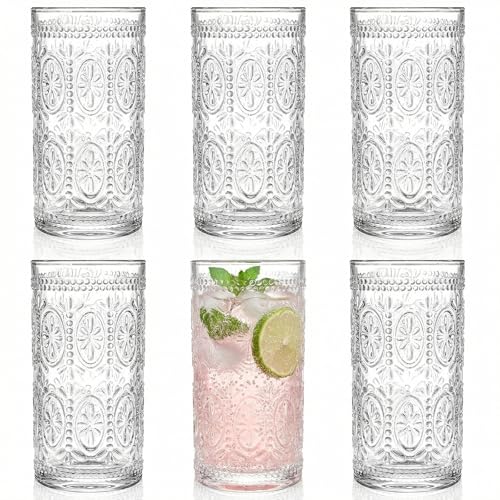 Bekith 6 Pack Romantic Drinking Glasses, 12 oz Highball Glasses, Thick Water Glasses, Tall Glass Cups for Beverages