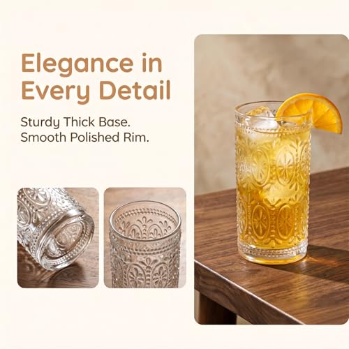 Bekith 6 Pack Romantic Drinking Glasses, 12 oz Highball Glasses, Thick Water Glasses, Tall Glass Cups for Beverages, Beer, Cocktail, Vintage Glassware Set for Dinner Parties, Bars, Restaurants - My Kitchen Products