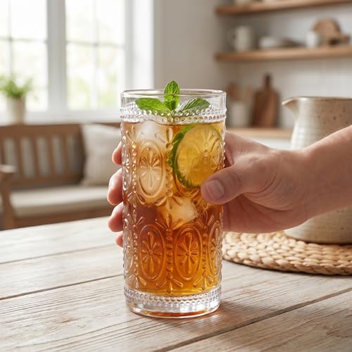 Bekith 6 Pack Romantic Drinking Glasses, 12 oz Highball Glasses, Thick Water Glasses, Tall Glass Cups for Beverages, Beer, Cocktail, Vintage Glassware Set for Dinner Parties, Bars, Restaurants - My Kitchen Products