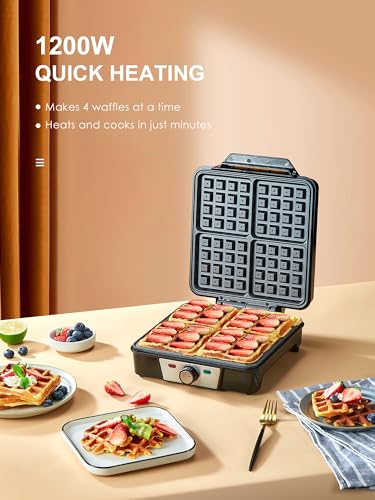 Belgian Waffle Maker 4 Slices, 1200W Waffle Iron, Anti-Overflow Waffle Iron with Browning Knob, Nonstick Plates, Indicator Lights, Silver/Black (Black, Silver) - My Kitchen Products