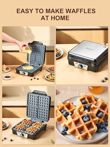 Belgian Waffle Maker 4 Slices, 1200W Waffle Iron, Anti-Overflow Waffle Iron with Browning Knob, Nonstick Plates, Indicator Lights, Silver/Black (Black, Silver) - My Kitchen Products