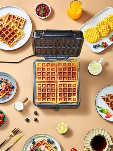 Belgian Waffle Maker 4 Slices, 1200W Waffle Iron, Anti-Overflow Waffle Iron with Browning Knob, Nonstick Plates, Indicator Lights, Silver/Black (Black, Silver) - My Kitchen Products
