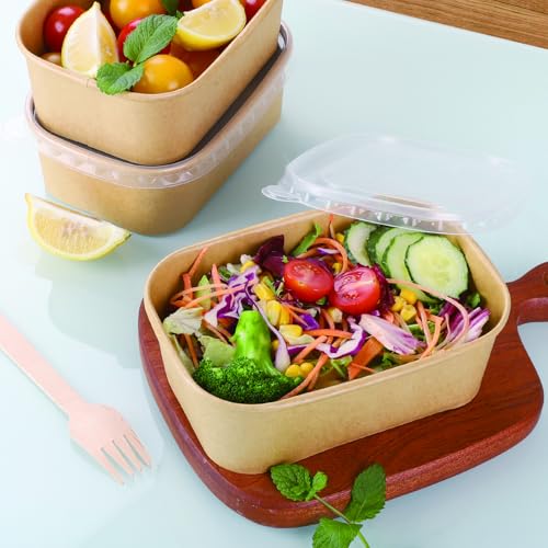 Belinlen 50 Sets 25oz Disposable Kraft Paper Bowls with Lids, Rectangle Paper Food Containers with Lids, Salad Bowls for Hot/Cold Food, Soup, Meal Prep, Ice Cream, Takeout, Party Supplies(750ml) - My Kitchen Products