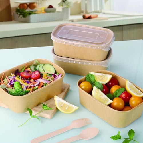 Belinlen 50 Sets 25oz Disposable Kraft Paper Bowls with Lids, Rectangle Paper Food Containers with Lids, Salad Bowls for Hot/Cold Food, Soup, Meal Prep, Ice Cream, Takeout, Party Supplies(750ml) - My Kitchen Products