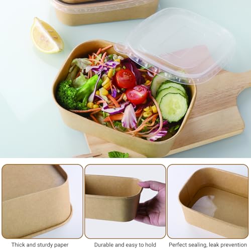 Belinlen 50 Sets 25oz Disposable Kraft Paper Bowls with Lids, Rectangle Paper Food Containers with Lids, Salad Bowls for Hot/Cold Food, Soup, Meal Prep, Ice Cream, Takeout, Party Supplies(750ml) - My Kitchen Products