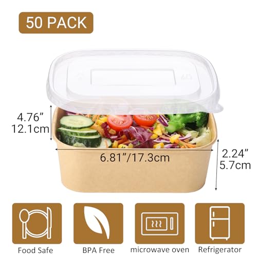 Belinlen 50 Sets 25oz Disposable Kraft Paper Bowls with Lids, Rectangle Paper Food Containers with Lids, Salad Bowls for Hot/Cold Food, Soup, Meal Prep, Ice Cream, Takeout, Party Supplies(750ml) - My Kitchen Products