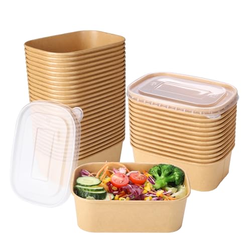 Belinlen 50 Sets 25oz Disposable Kraft Paper Bowls with Lids, Rectangle Paper Food Containers with Lids, Salad Bowls for Hot/Cold Food, Soup, Meal Prep, Ice Cream, Takeout, Party Supplies(750ml) - My Kitchen Products