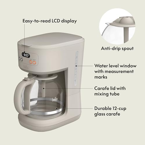 BELLA 12 Cup Programmable Coffee Maker, Reusable Dishwasher Safe Accessories, Easy LCD display, Auto Shutoff, 900 watt, Oatmilk - My Kitchen Products