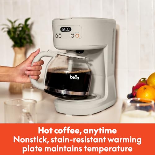 BELLA 12 Cup Programmable Coffee Maker, Reusable Dishwasher Safe Accessories, Easy LCD display, Auto Shutoff, 900 watt, Oatmilk - My Kitchen Products