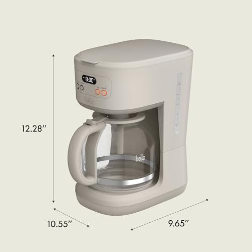 BELLA 12 Cup Programmable Coffee Maker, Reusable Dishwasher Safe Accessories, Easy LCD display, Auto Shutoff, 900 watt, Oatmilk - My Kitchen Products
