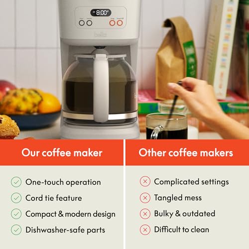 BELLA 12 Cup Programmable Coffee Maker, Reusable Dishwasher Safe Accessories, Easy LCD display, Auto Shutoff, 900 watt, Oatmilk - My Kitchen Products