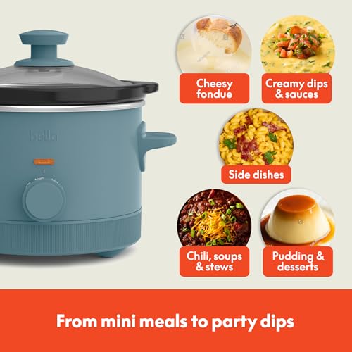 bella 1.5 Qt Slow Cooker with 3 Heat Manual Control, Ceramic Nonstick Coating, Dishwasher Safe Stoneware Pot and Tempered Glass Lid, Tangle Free Cord Wrap & Cool Touch Handles, Surf - My Kitchen Products