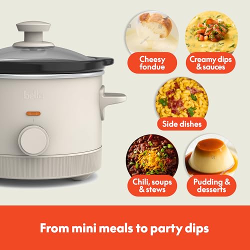 bella 1.5 Qt Slow Cooker with 3 Heat Manual Control, Ceramic Nonstick Coating, Dishwasher Safe Stoneware Pot and Tempered Glass Lid, Tangle Free Cord Wrap & Cool Touch Handles, Oatmilk - My Kitchen Products