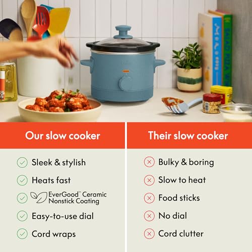 bella 1.5 Qt Slow Cooker with 3 Heat Manual Control, Ceramic Nonstick Coating, Dishwasher Safe Stoneware Pot and Tempered Glass Lid, Tangle Free Cord Wrap & Cool Touch Handles, Surf - My Kitchen Products