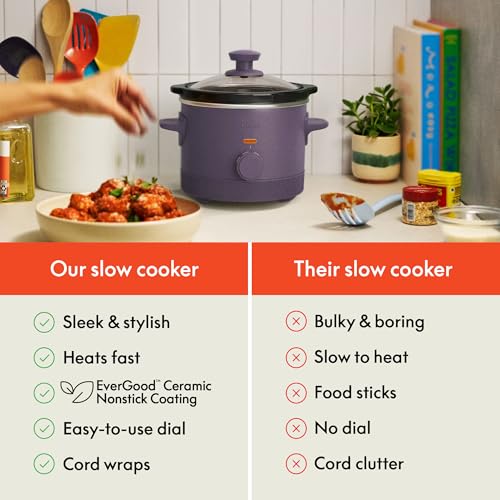 bella 1.5 Qt Slow Cooker with 3 Heat Manual Control, Ceramic Nonstick Coating, Dishwasher Safe Stoneware Pot and Tempered Glass Lid, Tangle Free Cord Wrap & Cool Touch Handles, Plum - My Kitchen Products