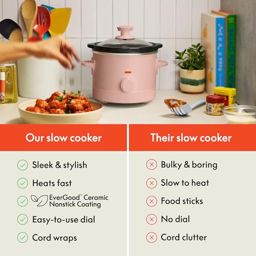 bella 1.5 Qt Slow Cooker with 3 Heat Manual Control, Ceramic Nonstick Coating, Dishwasher Safe Stoneware Pot and Tempered Glass Lid, Tangle Free Cord Wrap & Cool Touch Handles, Blossom - My Kitchen Products