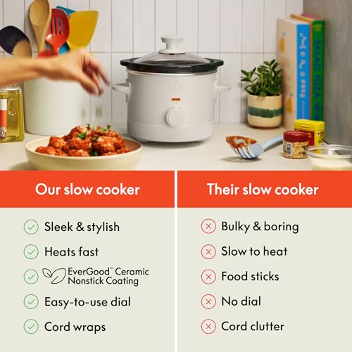 bella 1.5 Qt Slow Cooker with 3 Heat Manual Control, Ceramic Nonstick Coating, Dishwasher Safe Stoneware Pot and Tempered Glass Lid, Tangle Free Cord Wrap & Cool Touch Handles, Oatmilk - My Kitchen Products