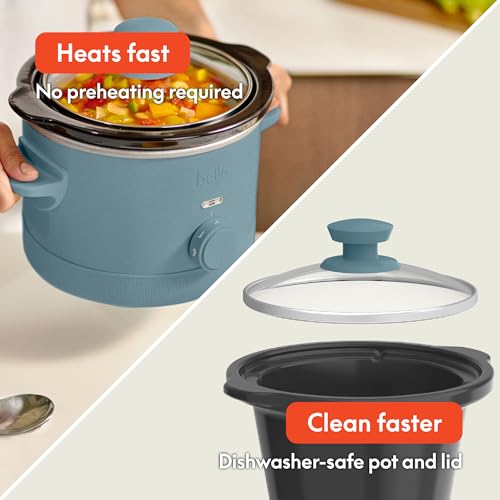 bella 1.5 Qt Slow Cooker with 3 Heat Manual Control, Ceramic Nonstick Coating, Dishwasher Safe Stoneware Pot and Tempered Glass Lid, Tangle Free Cord Wrap & Cool Touch Handles, Surf - My Kitchen Products