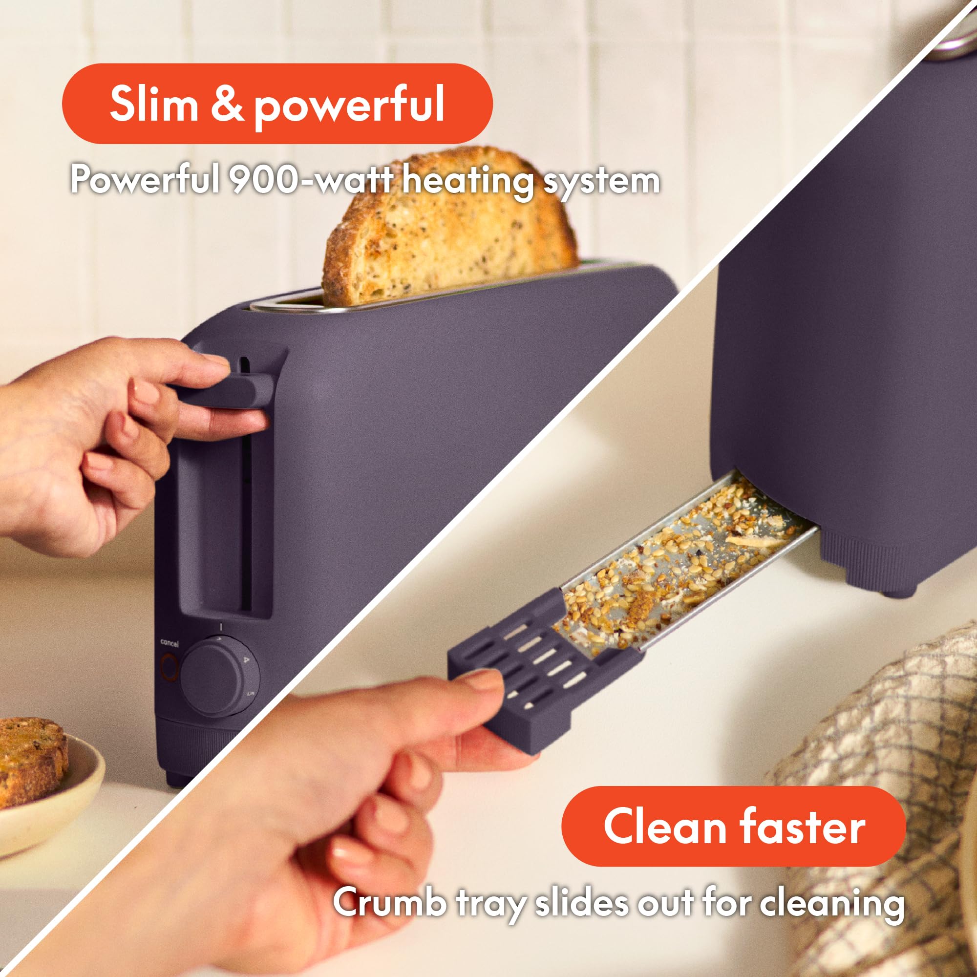 bella 2 Slice Slim Toaster, Fits-anywhere™ Kitchenware, 6 Setting Shade Control with Reheat & Cancel Buttons, Fits sourdough, 10” Long Slot, Anti Jam & Auto Shutoff, 900 Watt, Plum - My Kitchen Products