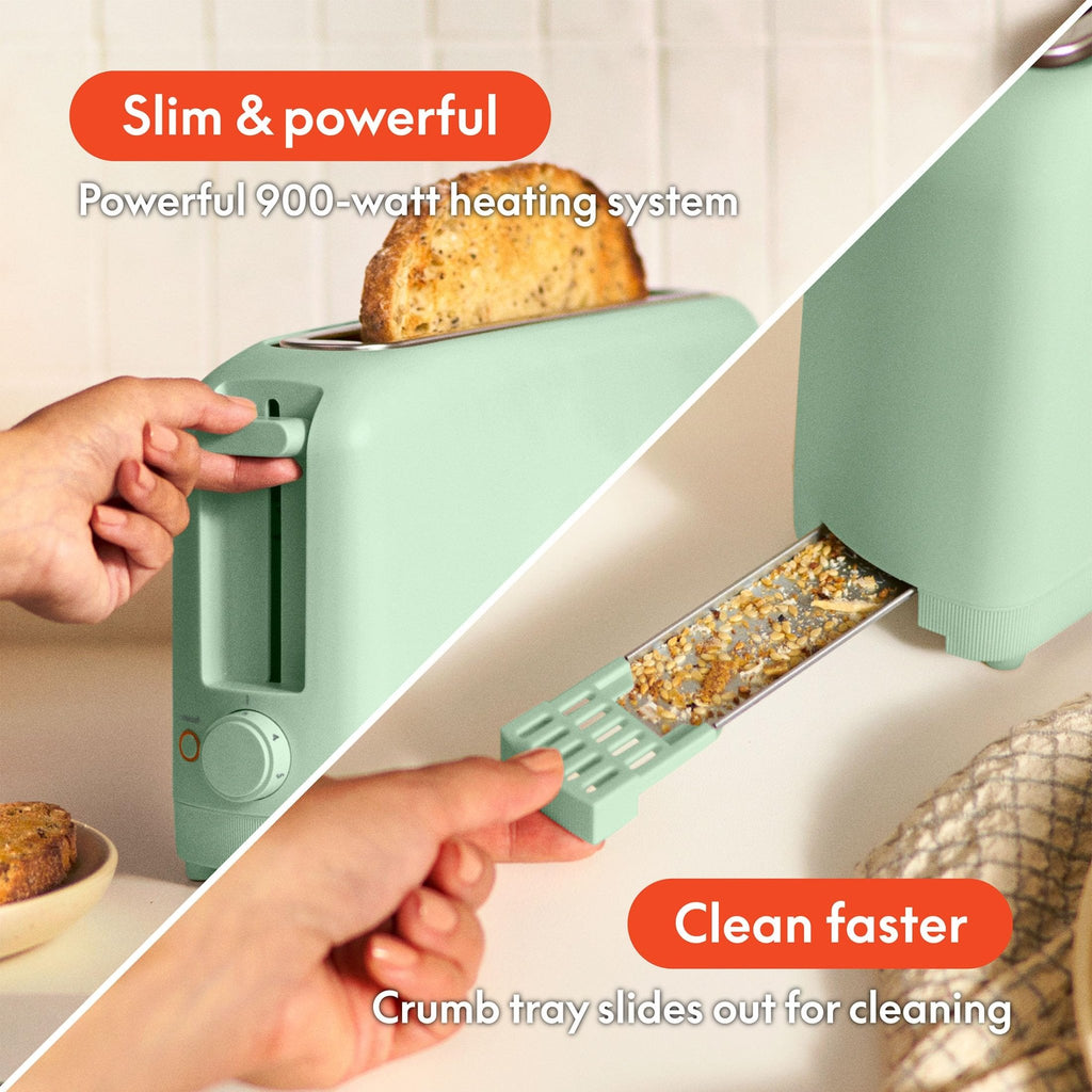 bella 2 Slice Slim Toaster, Fits-anywhere™ Kitchenware, 6 Setting Shade Control with Reheat & Cancel Buttons, Fits Sourdough, 10” Long Slot, Anti Jam & Auto Shutoff, 900 Watt, Seaglass - My Kitchen Products