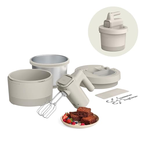 bella 3.5 Qt Hand & Stand Mixer, 2 in 1 Electric Mixer with Bowl, Dough Hook, Whisk & Egg Beater, Multifunctional Handheld Mixer for Baking, 200 Watt, Oatmilk - My Kitchen Products