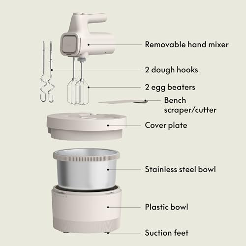 bella 3.5 Qt Hand & Stand Mixer, 2 in 1 Electric Mixer with Bowl, Dough Hook, Whisk & Egg Beater, Multifunctional Handheld Mixer for Baking, 200 Watt, Oatmilk - My Kitchen Products
