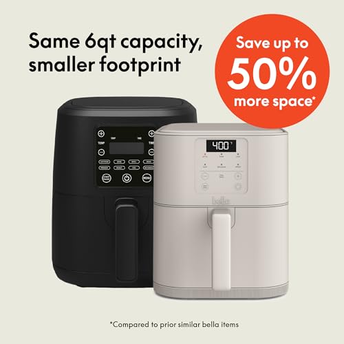 bella 6 Qt Slim Air Fryer, Fits-anywhere™ Kitchenware, EverGood™ Ceramic Nonstick Coating, Adjustable Temperature, 6 Preset Cooking Options, 60 Min Auto Shutoff w Audible Tone, 5lb Capacity, Oatmilk - My Kitchen Products