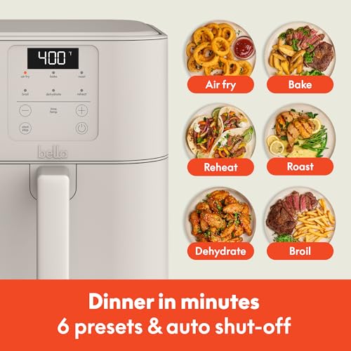 bella 6 Qt Slim Air Fryer, Fits-anywhere™ Kitchenware, EverGood™ Ceramic Nonstick Coating, Adjustable Temperature, 6 Preset Cooking Options, 60 Min Auto Shutoff w Audible Tone, 5lb Capacity, Oatmilk - My Kitchen Products