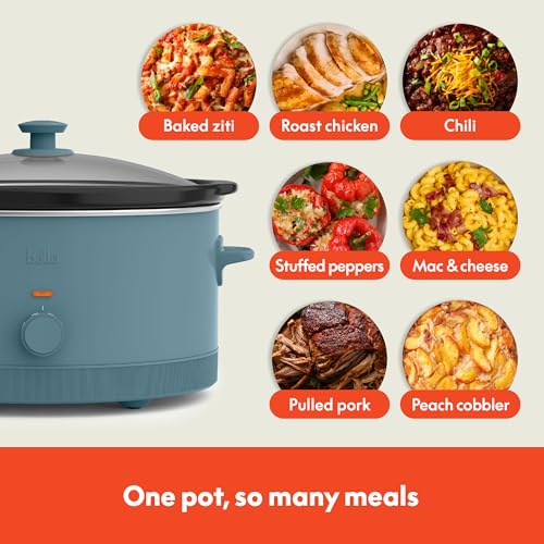 bella 6.0 Qt Manual Slow Cooker, Ceramic Nonstick Coating, 3 Temperature Settings, Dishwasher Safe Stoneware Pot and Tempered Glass Lid, Cool Touch Handles & Tangle Free Cord Wrap, Surf - My Kitchen Products