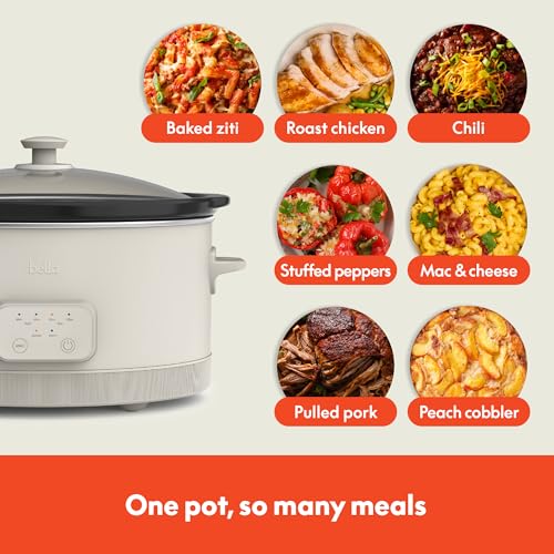 bella 6.0 Qt Programmable Slow Cooker, Ceramic Nonstick Coating, Adjustable Temperature & Cooking Times, Dishwasher Safe Stoneware Pot & Tempered Glass Lid, Tangle Free Cord Wrap, Oatmilk - My Kitchen Products