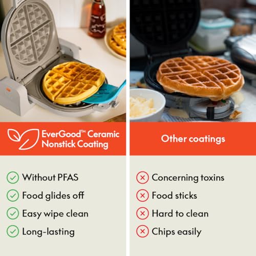 bella Flip-n-Store Waffle Maker with EverGood™ Ceramic Nonstick Coating, Fits-anywhere™ Kitchenware, Power Indicator Light, Cool Touch Handle & Cord Wrap, 7” Wide & 1" Deep Plates, 1000 Watt, Oatmilk - My Kitchen Products