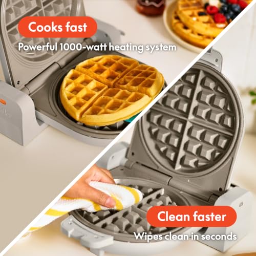 bella Flip-n-Store Waffle Maker with EverGood™ Ceramic Nonstick Coating, Fits-anywhere™ Kitchenware, Power Indicator Light, Cool Touch Handle & Cord Wrap, 7” Wide & 1" Deep Plates, 1000 Watt, Oatmilk - My Kitchen Products