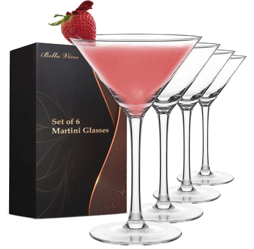 Bella Vino Set of 6 Martini Glasses, Cosmopolitan Margarita Glass Cups, Whiskey, Gin