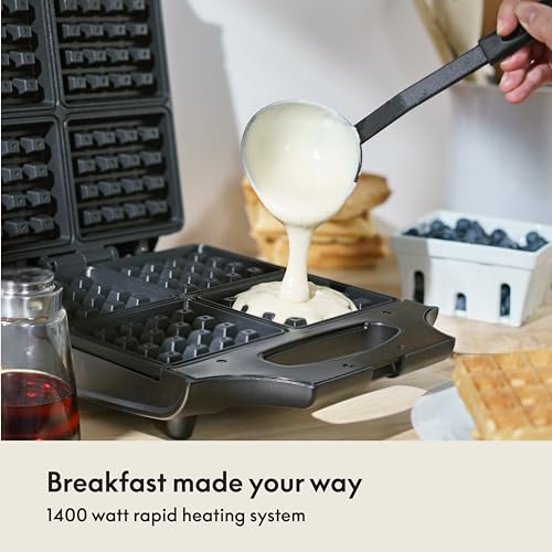 bella Waffle Iron - 4 Square Belgian Waffle Maker, Non-stick Extra Large Plates for Easy Cleanup - Compact Design, Stainless Steel, Black, 1400W - My Kitchen Products
